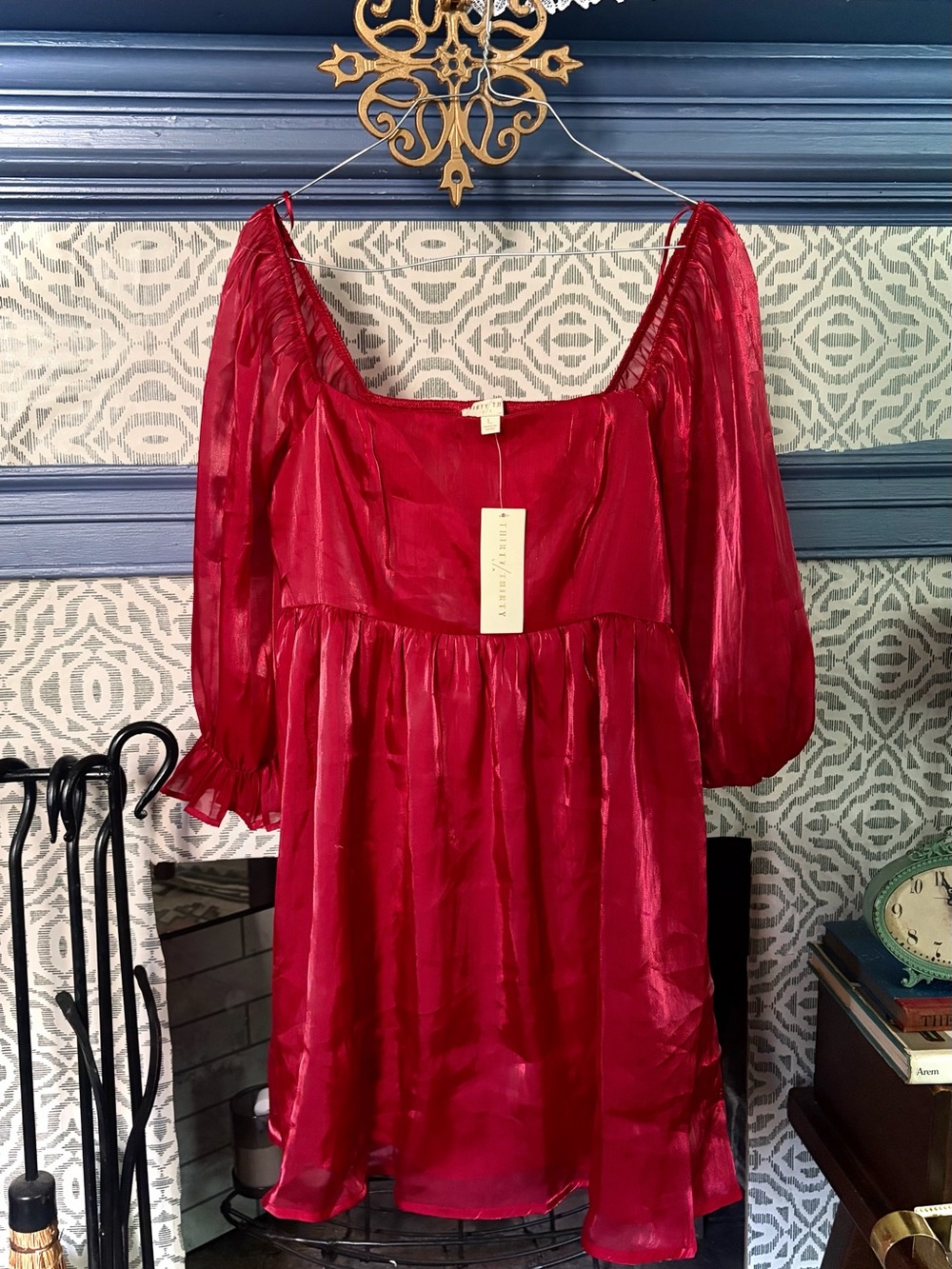 Red Sheer Puff Sleeve Babydoll Dress